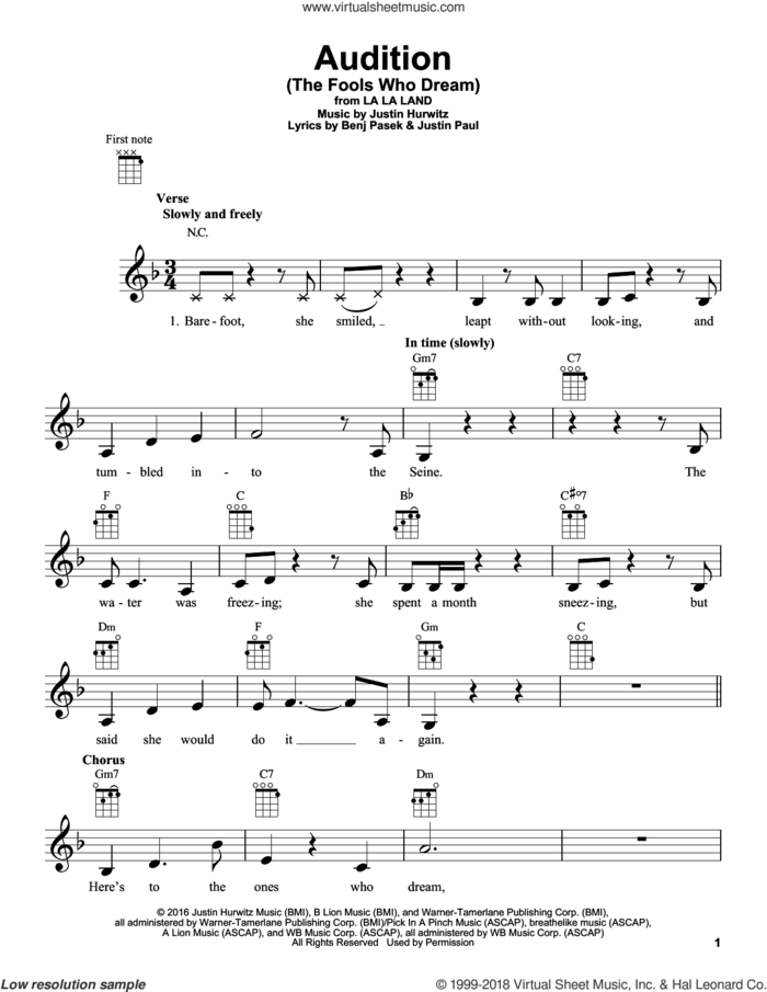 Audition (The Fools Who Dream) sheet music for ukulele by Emma Stone, Benj Pasek, Justin Hurwitz and Justin Paul, intermediate skill level