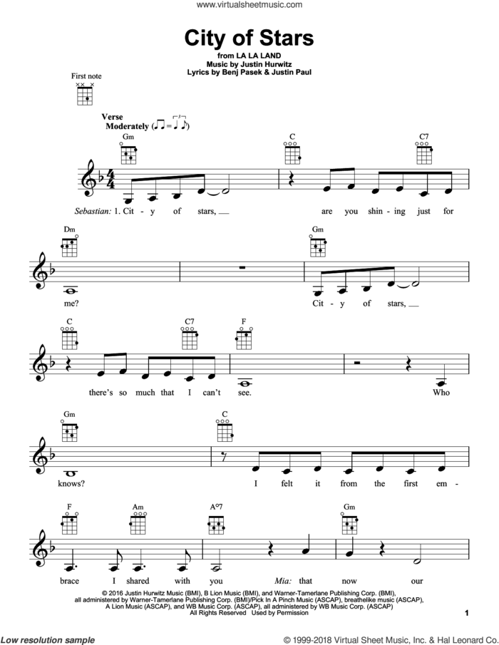 City Of Stars sheet music for ukulele by Ryan Gosling & Emma Stone, Benj Pasek, Justin Hurwitz and Justin Paul, intermediate skill level