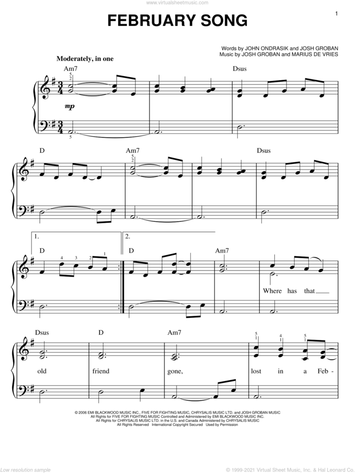 February Song sheet music for piano solo by Josh Groban, John Ondrasik and Marius De Vries, easy skill level
