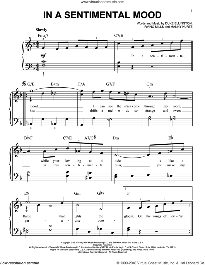 In A Sentimental Mood sheet music for piano solo by Duke Ellington, Irving Mills and Manny Kurtz, beginner skill level