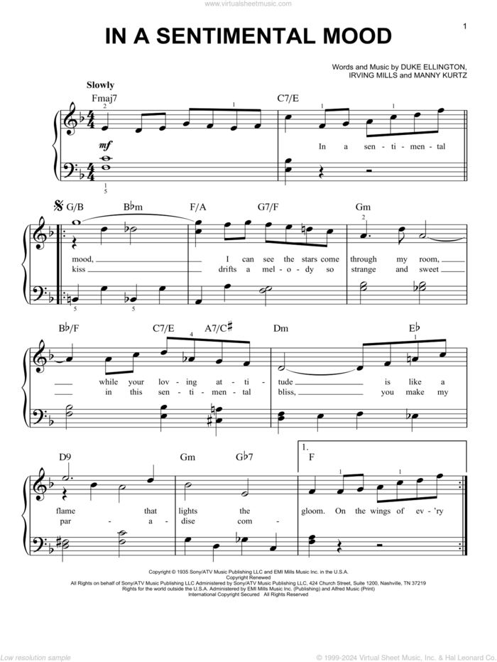 In A Sentimental Mood, (beginner) sheet music for piano solo by Duke Ellington, Irving Mills and Manny Kurtz, beginner skill level