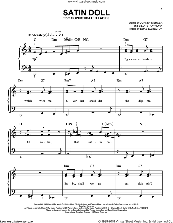 Satin Doll, (beginner) sheet music for piano solo by Duke Ellington, Billy Strayhorn and Johnny Mercer, beginner skill level