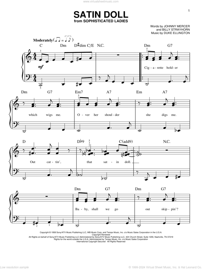 Satin Doll, (beginner) sheet music for piano solo by Duke Ellington, Billy Strayhorn and Johnny Mercer, beginner skill level