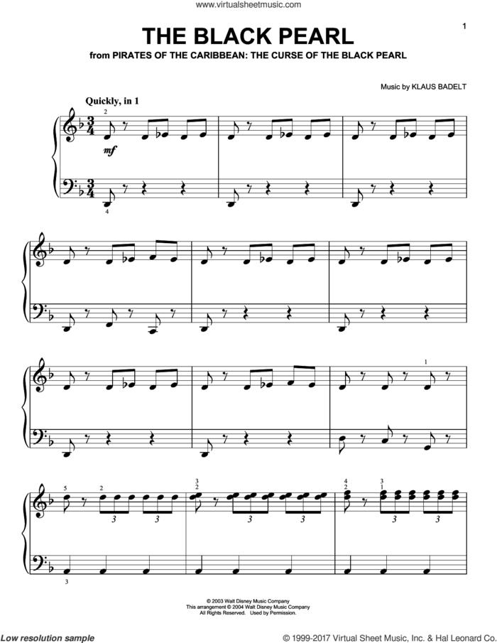 The Black Pearl sheet music for piano solo by Hans Zimmer and Klaus Badelt, classical score, easy skill level