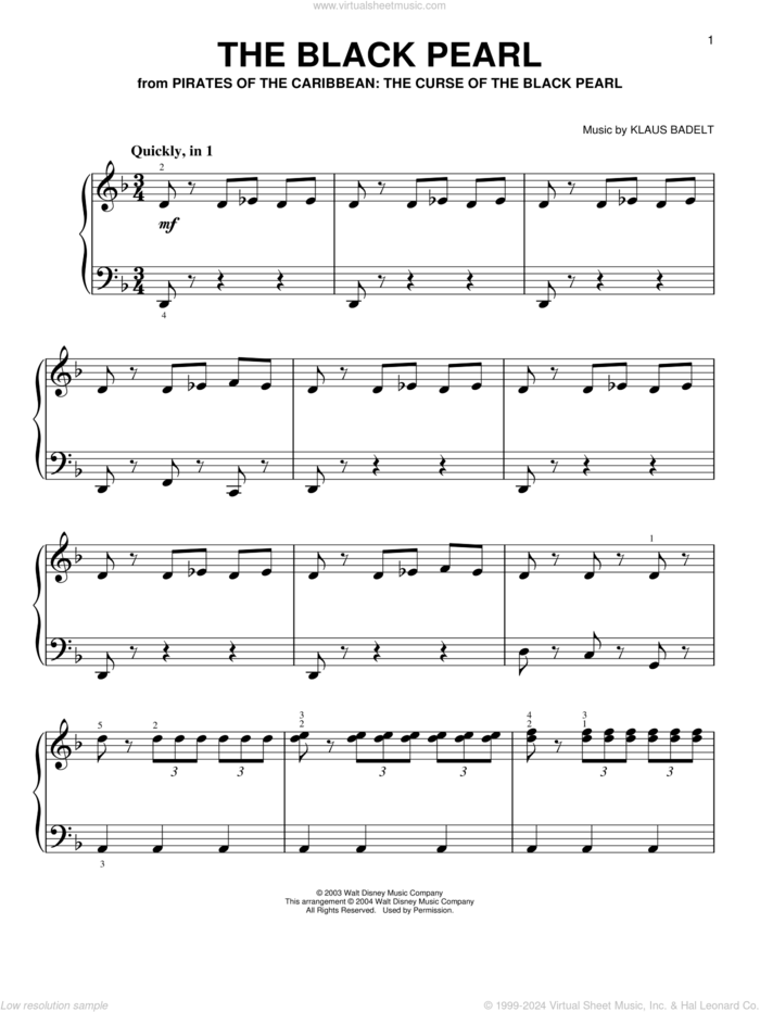 The Black Pearl sheet music for piano solo by Hans Zimmer and Klaus Badelt, classical score, easy skill level