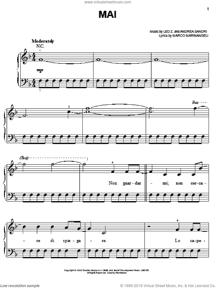 Mai sheet music for piano solo by Josh Groban, Andrea Sandri, Leo Z. and Marco Marinangeli, easy skill level