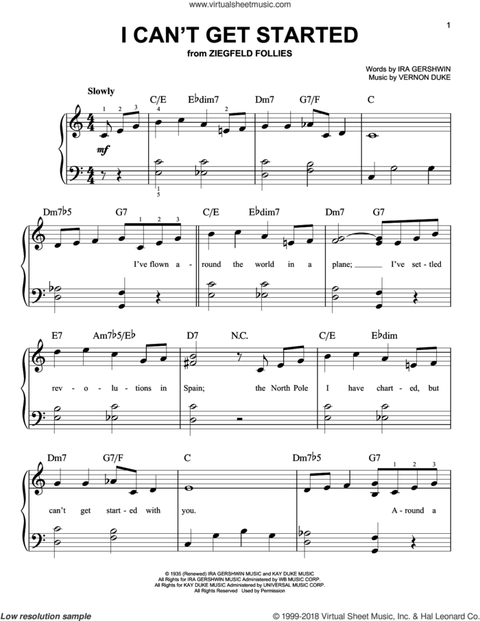I Can't Get Started sheet music for piano solo by Ira Gershwin and Vernon Duke, beginner skill level