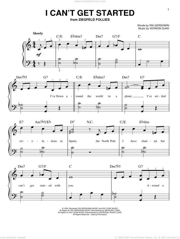 I Can't Get Started sheet music for piano solo by Ira Gershwin and Vernon Duke, beginner skill level