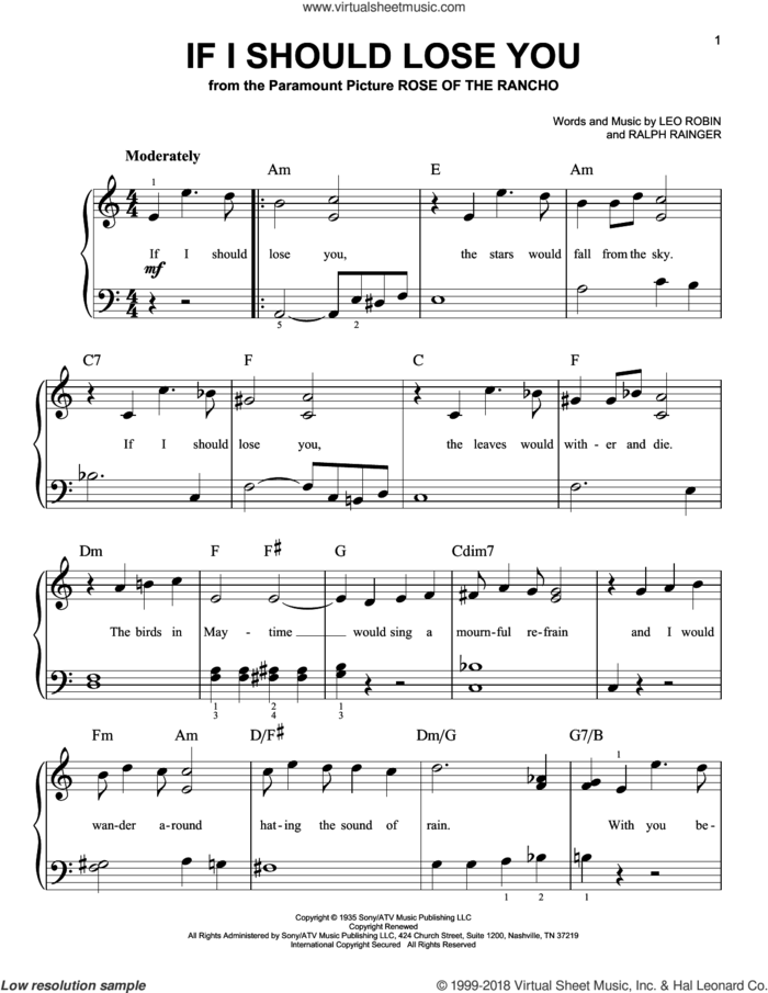 If I Should Lose You sheet music for piano solo by Leo Robin, Phineas Newborn and Ralph Rainger, beginner skill level