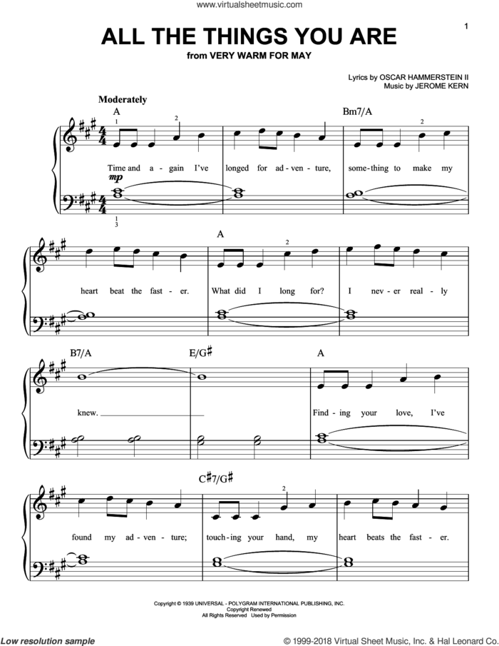 All The Things You Are sheet music for piano solo by Oscar II Hammerstein, Jack Leonard with Tommy Dorsey Orchestra and Jerome Kern, beginner skill level