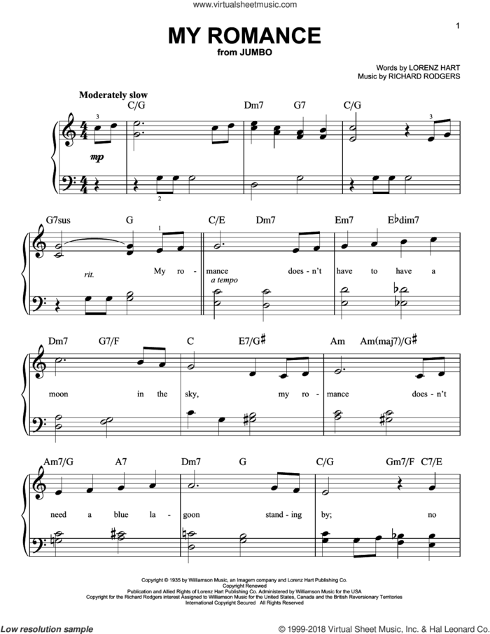 My Romance sheet music for piano solo by Rodgers & Hart, Lorenz Hart and Richard Rodgers, beginner skill level
