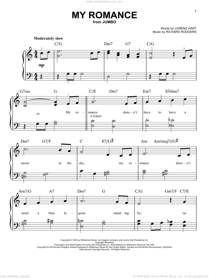 My Romance sheet music for piano solo by Rodgers & Hart, Lorenz Hart and Richard Rodgers, beginner skill level