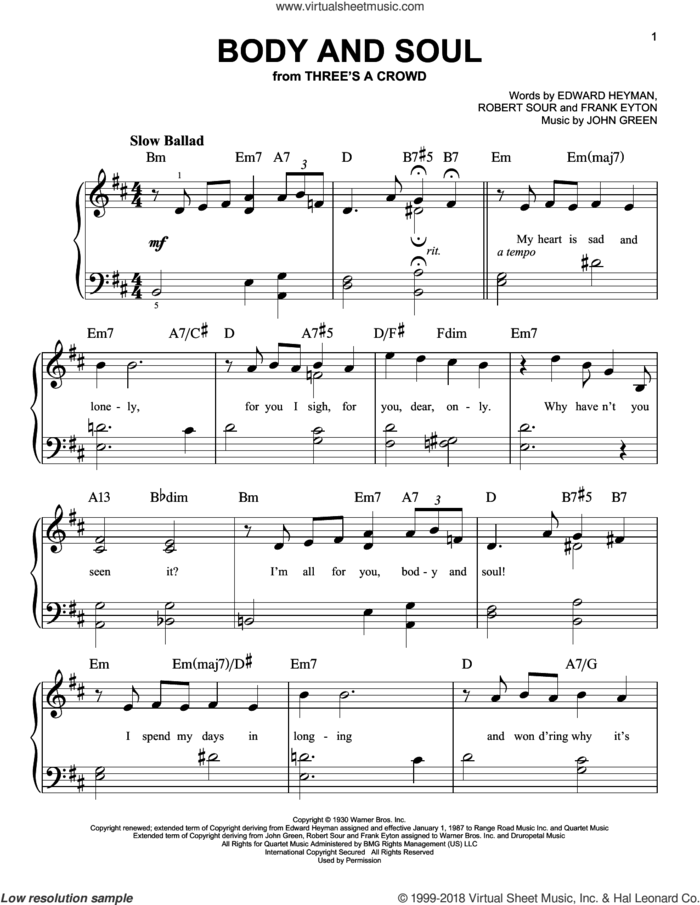 Body And Soul, (beginner) sheet music for piano solo by Edward Heyman, Tony Bennett & Amy Winehouse, Frank Eyton, Johnny Green and Robert Sour, beginner skill level