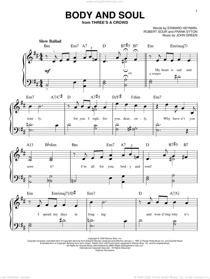 Body And Soul, (beginner) sheet music for piano solo by Edward Heyman, Tony Bennett & Amy Winehouse, Frank Eyton, Johnny Green and Robert Sour, beginner skill level