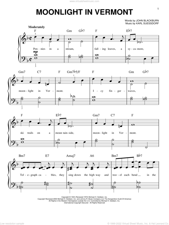 Moonlight In Vermont, (beginner) sheet music for piano solo by Karl Suessdorf and John Blackburn, beginner skill level