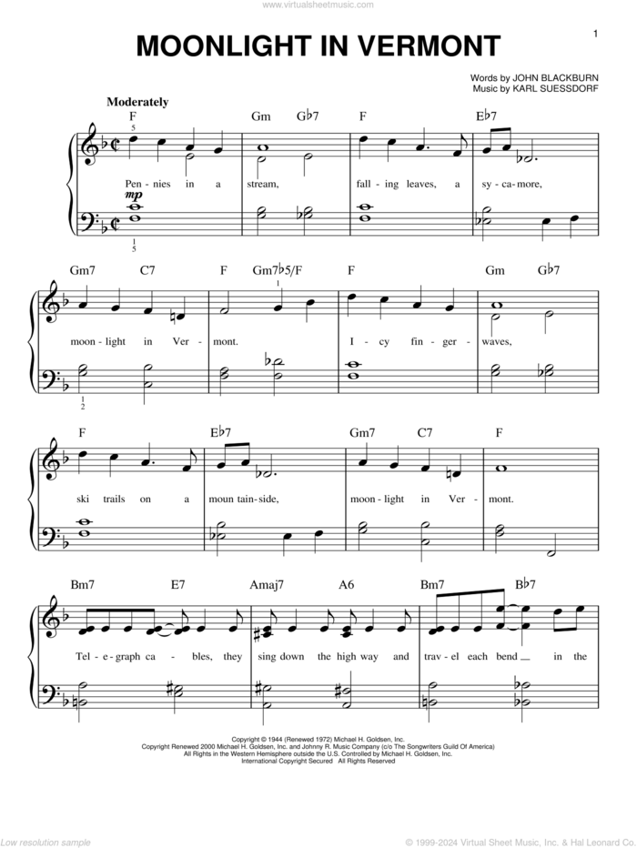 Moonlight In Vermont, (beginner) sheet music for piano solo by Karl Suessdorf and John Blackburn, beginner skill level