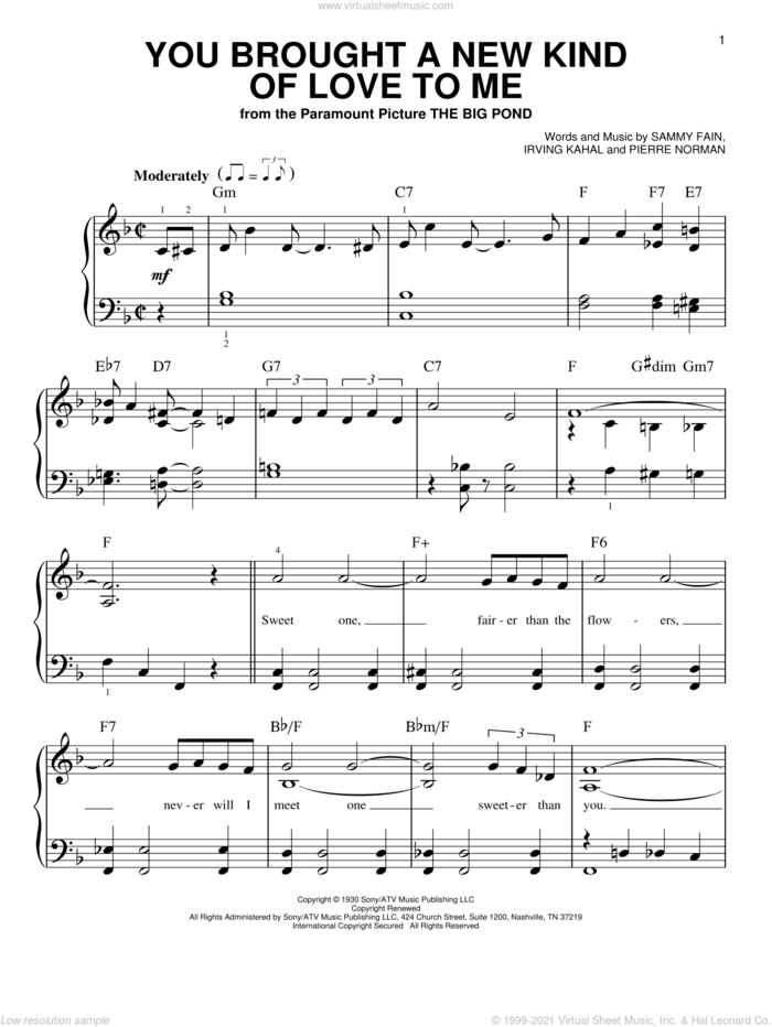 You Brought A New Kind Of Love To Me sheet music for piano solo by Sammy Fain, Scott Hamilton, Irving Kahal and Pierre Norman, beginner skill level