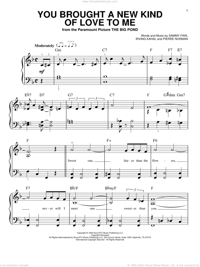 You Brought A New Kind Of Love To Me sheet music for piano solo by Sammy Fain, Scott Hamilton, Irving Kahal and Pierre Norman, beginner skill level