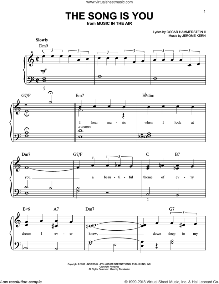 The Song Is You, (beginner) sheet music for piano solo by Oscar II Hammerstein and Jerome Kern, beginner skill level