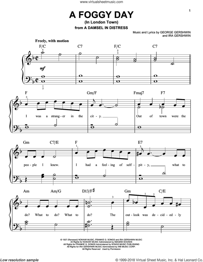 A Foggy Day (In London Town), (beginner) sheet music for piano solo by George Gershwin and Ira Gershwin, beginner skill level