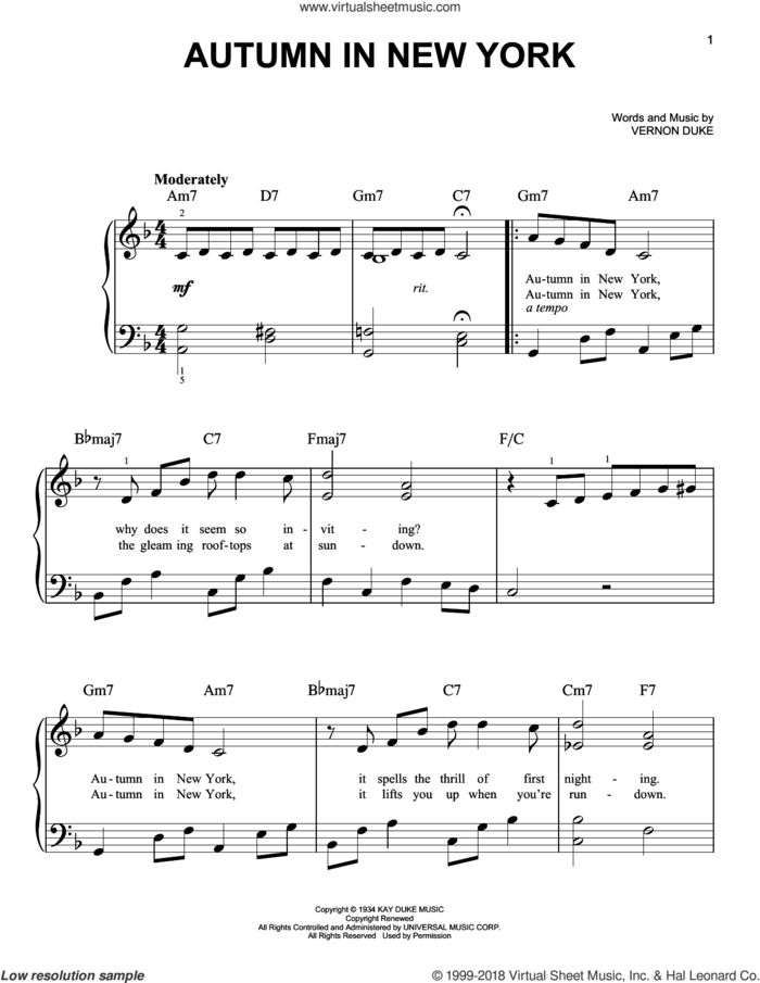 Autumn In New York, (beginner) sheet music for piano solo by Vernon Duke, Bud Powell and Jo Stafford, beginner skill level