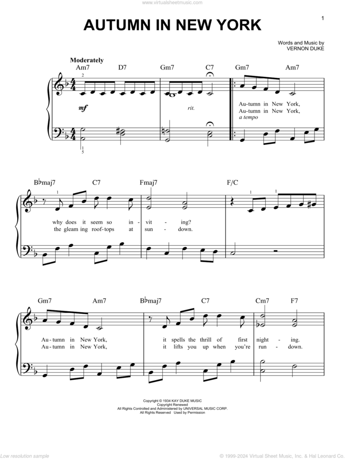 Autumn In New York, (beginner) sheet music for piano solo by Vernon Duke, Bud Powell and Jo Stafford, beginner skill level