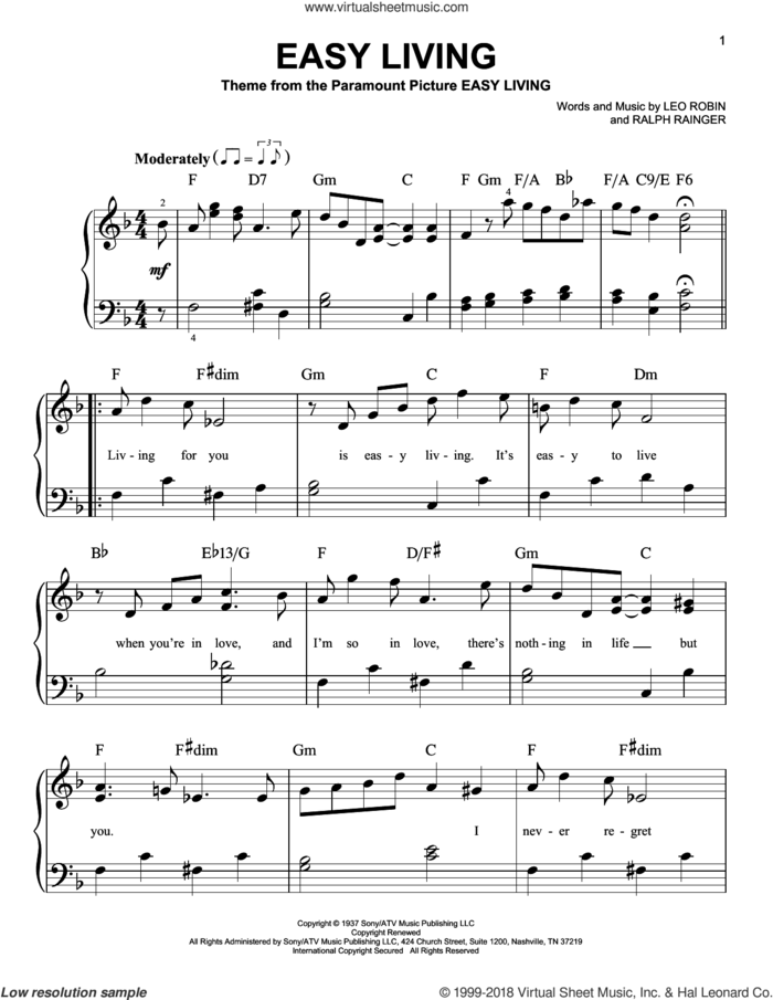 Easy Living, (beginner) sheet music for piano solo by Billie Holiday, Leo Robin and Ralph Rainger, beginner skill level