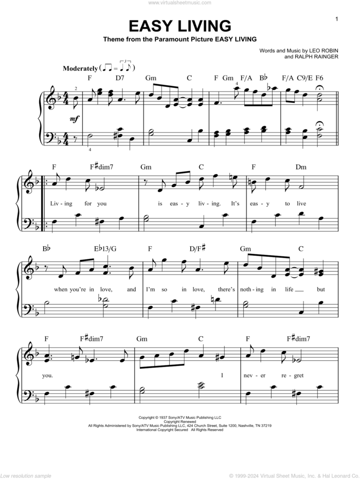 Easy Living, (beginner) sheet music for piano solo by Billie Holiday, Leo Robin and Ralph Rainger, beginner skill level