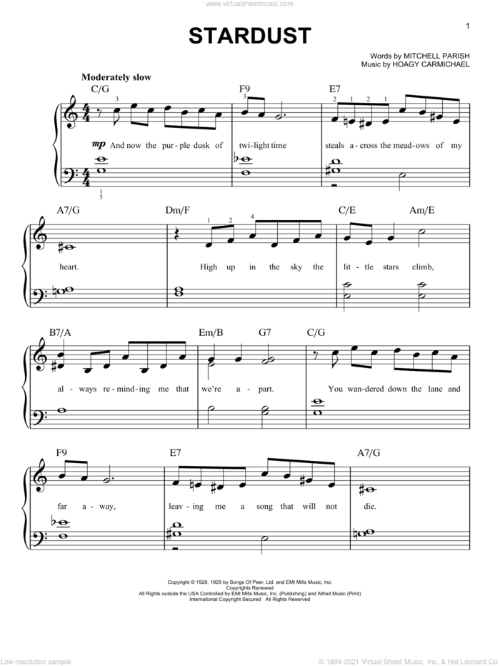Stardust, (beginner) sheet music for piano solo by Hoagy Carmichael, Artie Shaw and Mitchell Parish, beginner skill level