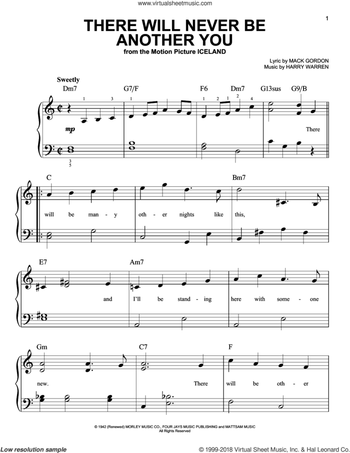 There Will Never Be Another You, (beginner) sheet music for piano solo by Harry Warren and Mack Gordon, beginner skill level
