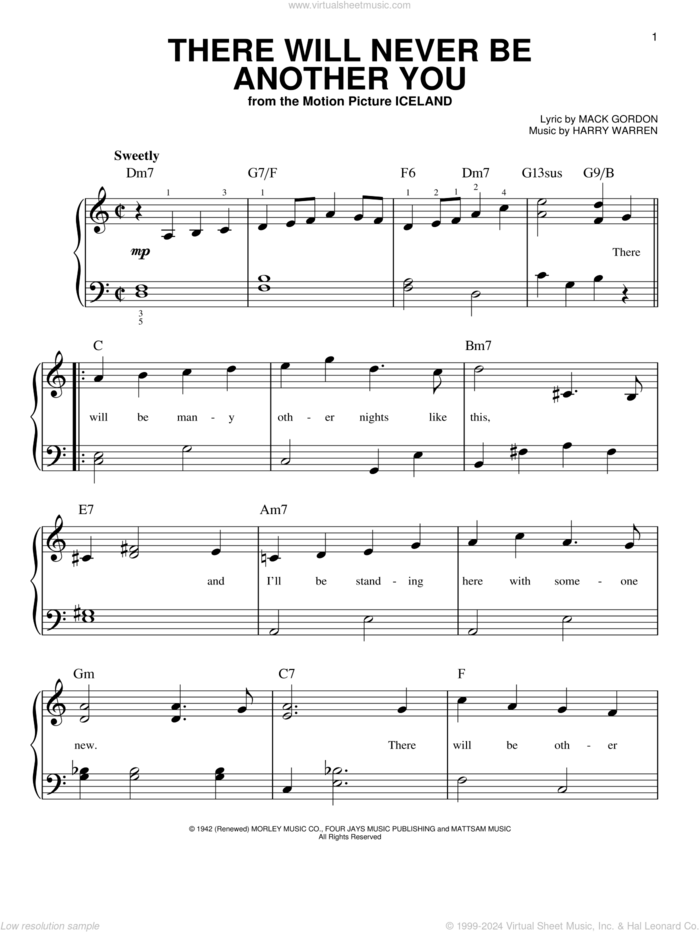 There Will Never Be Another You, (beginner) sheet music for piano solo by Harry Warren and Mack Gordon, beginner skill level