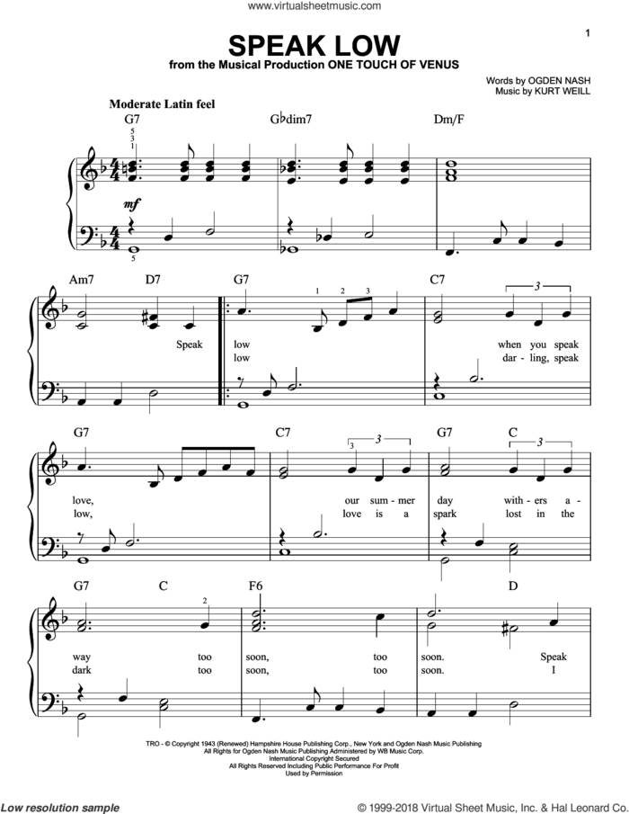 Speak Low, (beginner) sheet music for piano solo by Kurt Weill and Ogden Nash, beginner skill level