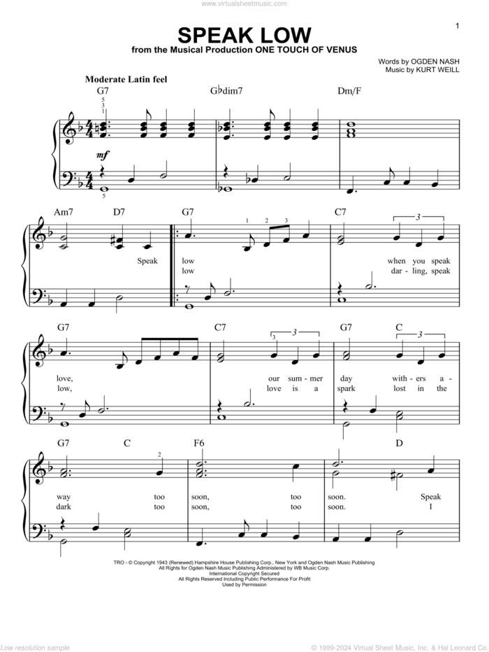 Speak Low, (beginner) sheet music for piano solo by Kurt Weill and Ogden Nash, beginner skill level