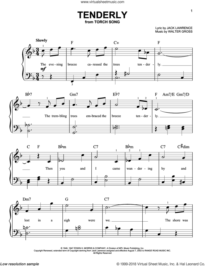 Tenderly, (beginner) sheet music for piano solo by Jack Lawrence and Walter Gross, beginner skill level
