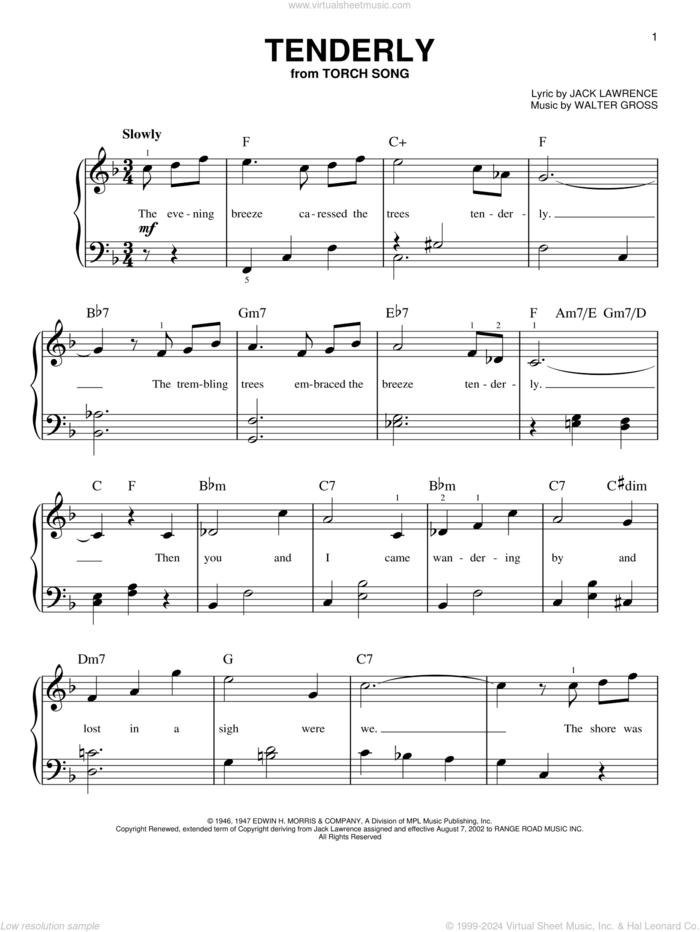 Tenderly, (beginner) sheet music for piano solo by Jack Lawrence and Walter Gross, beginner skill level