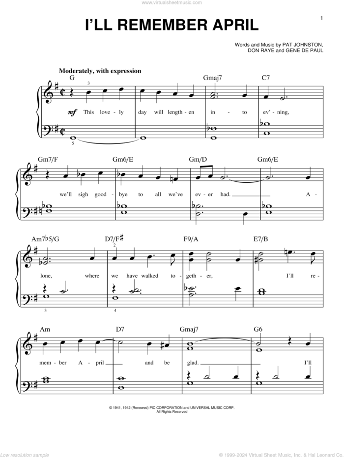 I'll Remember April sheet music for piano solo by Don Raye, Woody Herman & His Orchestra, Gene DePaul and Pat Johnston, beginner skill level