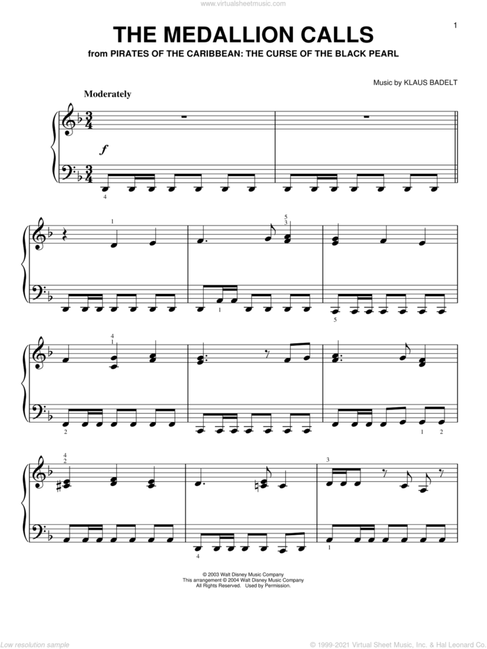 The Medallion Calls sheet music for piano solo by Hans Zimmer and Klaus Badelt, classical score, easy skill level