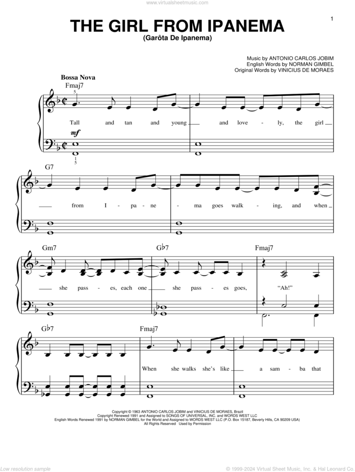 The Girl From Ipanema (Garota De Ipanema) sheet music for piano solo by Norman Gimbel, Stan Getz & Astrud Gilberto, Antonio Carlos Jobim and Vinicius de Moraes, beginner skill level