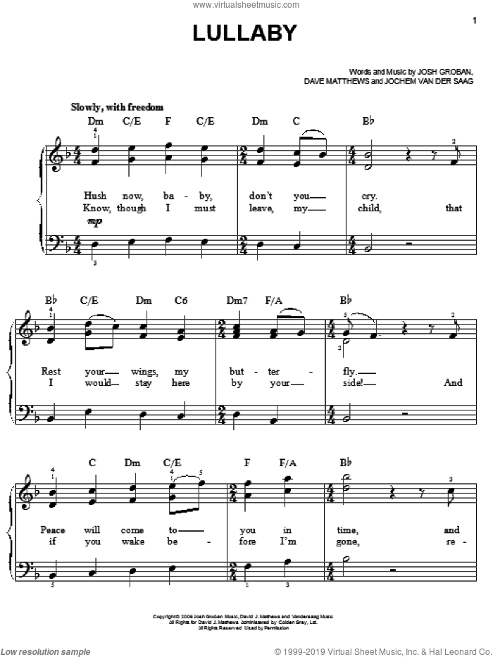 Lullaby sheet music for piano solo by Josh Groban, Dave Matthews and Jochem Van Der Saag, easy skill level