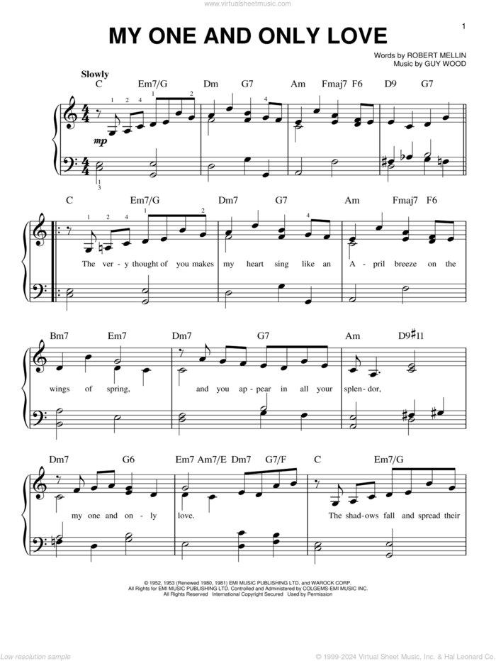 My One And Only Love sheet music for piano solo by Guy Wood and Robert Mellin, beginner skill level