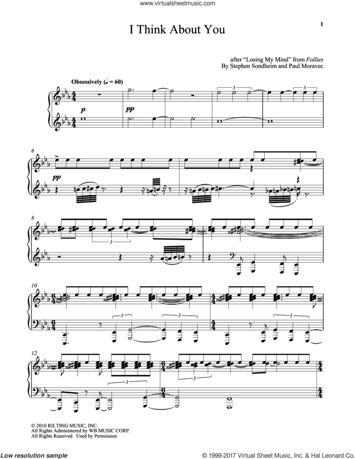 I Think About You sheet music for piano solo by Stephen Sondheim and Paul Moravec, intermediate skill level