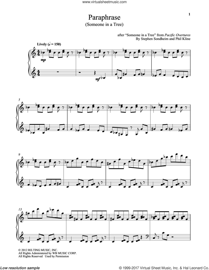 Paraphrase (Someone In A Tree) sheet music for piano solo by Stephen Sondheim and Phil Kline, intermediate skill level