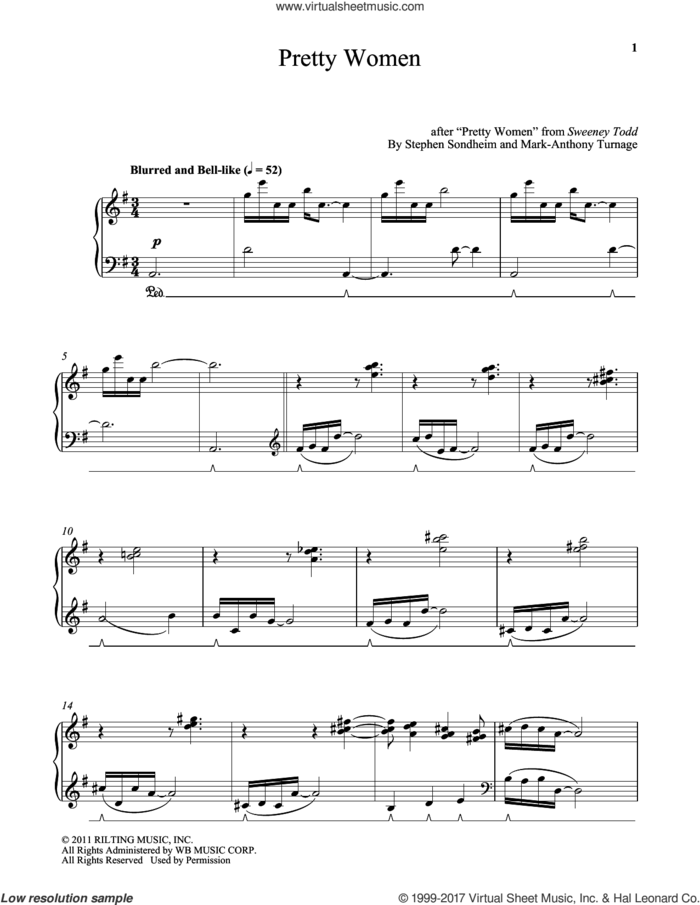 Pretty Women sheet music for piano solo by Stephen Sondheim and Mark-Anthony Turnage, intermediate skill level