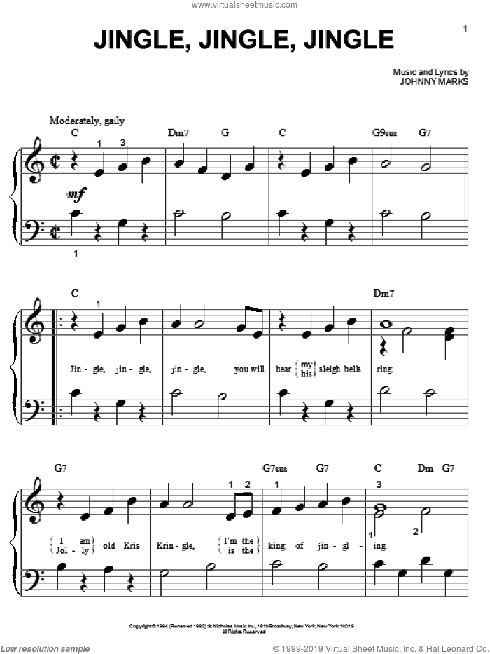 Jingle, Jingle, Jingle sheet music for piano solo (big note book) by Johnny Marks, easy piano (big note book)