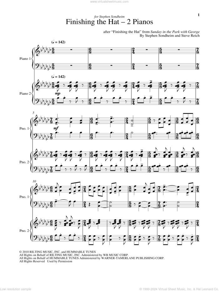 Finishing The Hat - Two Pianos sheet music for piano four hands by Stephen Sondheim and Steve Reich, intermediate skill level