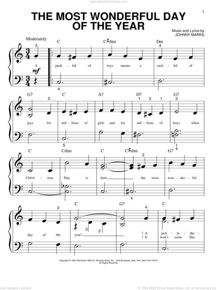 The Most Wonderful Day Of The Year sheet music for piano solo (big note book) by Johnny Marks, easy piano (big note book)
