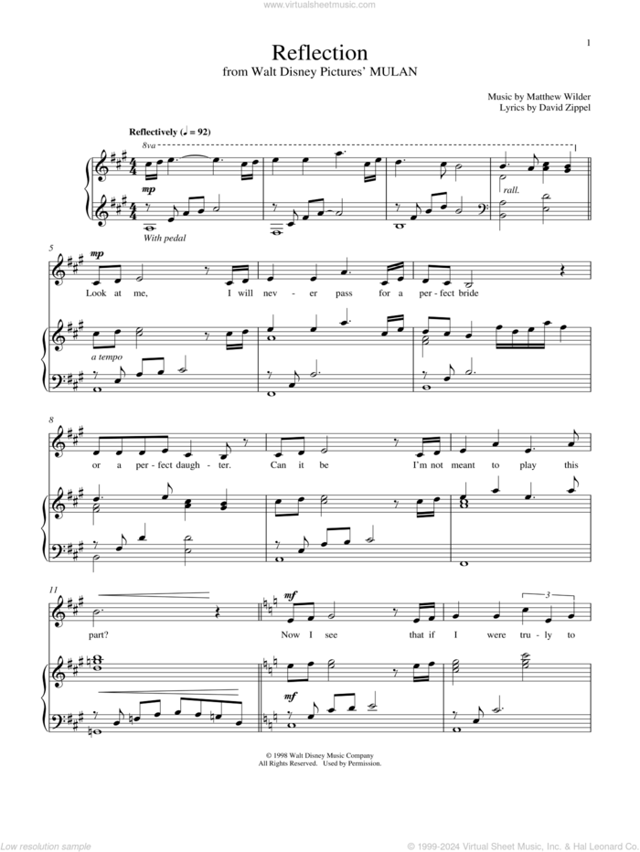 Reflection (from Mulan) sheet music for voice and piano by David Zippel, Christina Aguilera and Matthew Wilder & David Zippel and Matthew Wilder, intermediate skill level