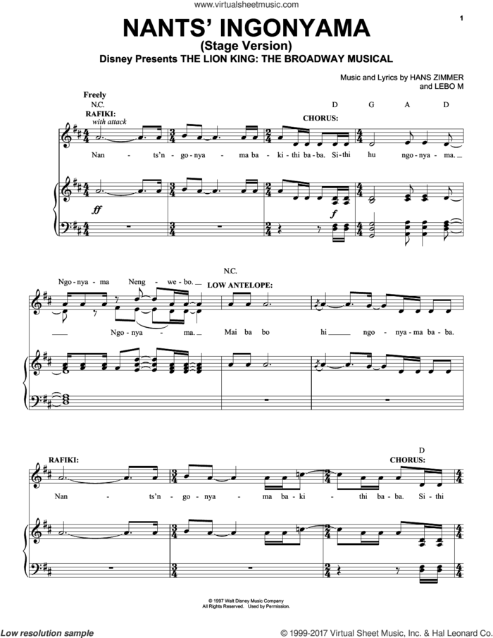 Nants' Ingonyama (Stage Version) (from The Lion King: Broadway Musical) sheet music for voice, piano or guitar by Elton John, Tim Rice, Hans Zimmer and Lebo M., intermediate skill level