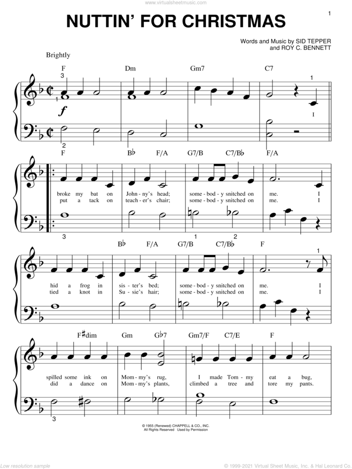 Nuttin' For Christmas sheet music for piano solo (big note book) by Roy Bennett and Sid Tepper, easy piano (big note book)