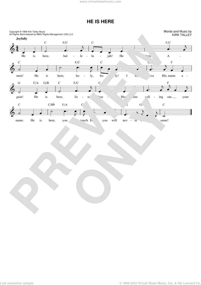 He Is Here sheet music for voice and other instruments (fake book) by Kirk Talley, intermediate skill level